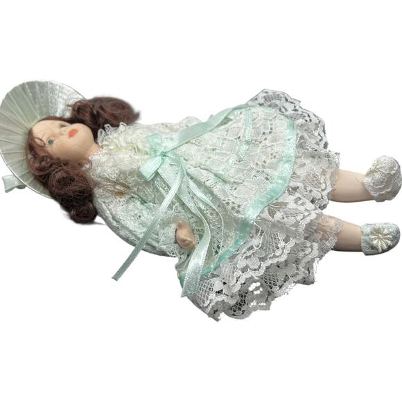 Porcelain Girl Doll in Mint Green Lace Dress with Wide Brim Hat - Picture 7 of 8